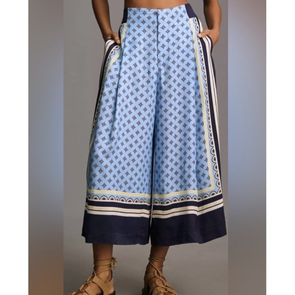 Anthropologie Maeve Scarf Print Blue A-line Culottes Wide Leg Pants Pockets XL - Picture 1 of 13